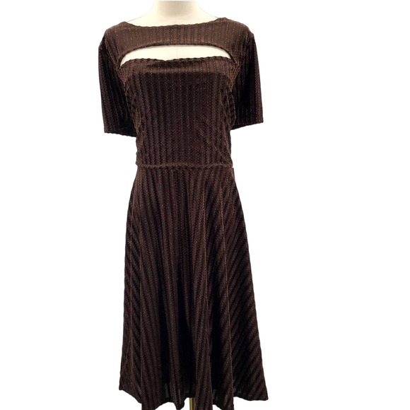 UNIQUE VINTAGE XS brown zigzag metallic velvet swing retro flare dress NWT 0B12 - Picture 1 of 7